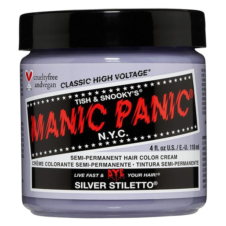 Manic Panic Silver Stiletto Hair Colour Cream is an icy, lavender-tinted silver hair dye that acts as a toner to help create pale, platinum hair by eliminating yellow hues. 