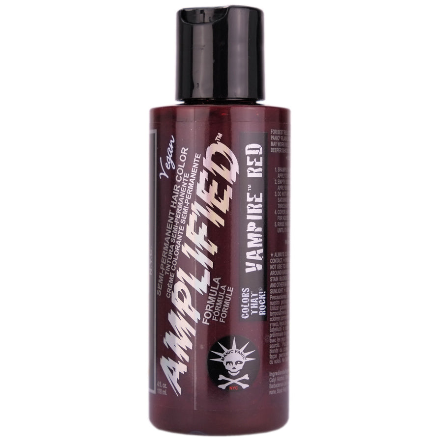 Manic Panic Vampire Red Amplified Semi-Permanent Hair Colour is a deep, blood red hair dye that can give burgundy tones to virgin, unbleached hair. For best results, we recommend lightening hair to light level 8 blonde or lighter.