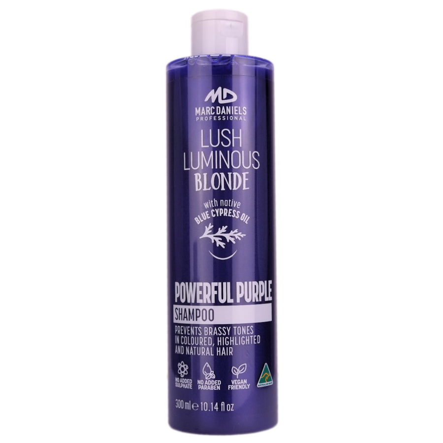 Marc Daniels Lush Luminous Blonde Purple Shampoo removes brassy tones in blonde coloured, highlighted and natural blonde hair.