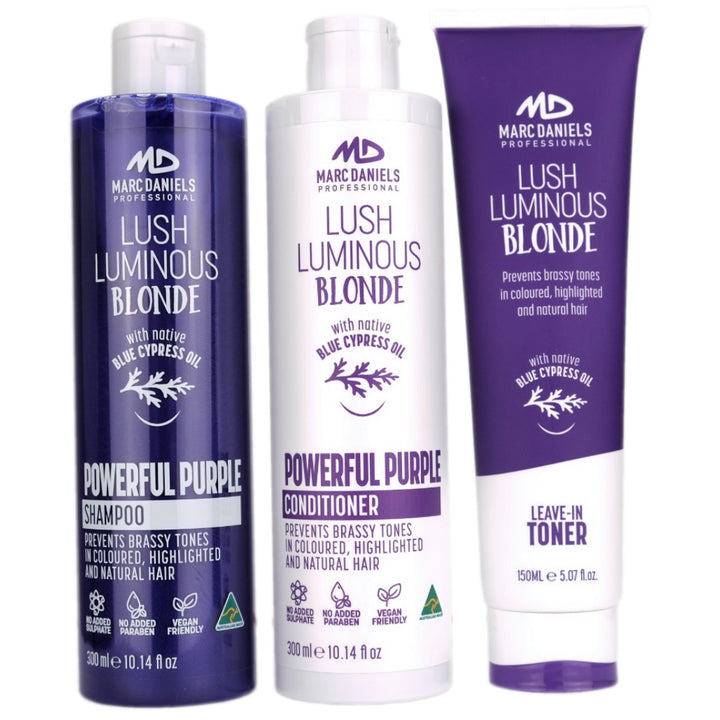 Marc Daniels Lush Luminous Blonde Trio is the perfect combination of shampoo, conditioner and a toner treatment to care for your coloured, highlighted and natural blonde hair.