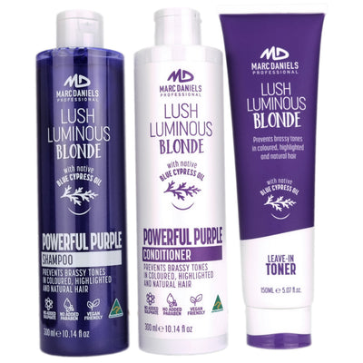 Marc Daniels Lush Luminous Blonde Trio is the perfect combination of shampoo, conditioner and a toner treatment to care for your coloured, highlighted and natural blonde hair.