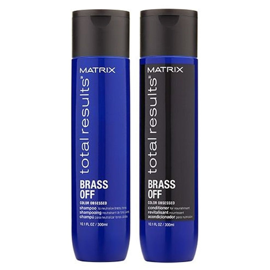 Matrix Total Results Brass Off Color Obsessed duo is the perfect combination shampoo and conditioner to neutralize and remove brassy tones on lightened hair.