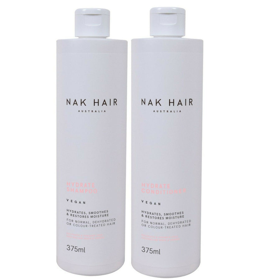 Nak Hair Hydrate Shampoo and Nak Hair Hydrate Conditioner 375ml Duo is a moisture-rich cleanser and conditioner designed to hydrate, smooth, and restore moisture balance. Returns optimum hydration to normal, dehydrated, frizzy and coloured hair.