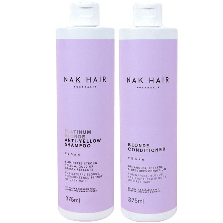 Nak Hair Platinum Shampoo and Blonde Conditoner 375ml Duo is a perfect combo to eliminate strong yellow, gold, brassy reflects from natural blonde, pre-lightened blonde or grey hair.