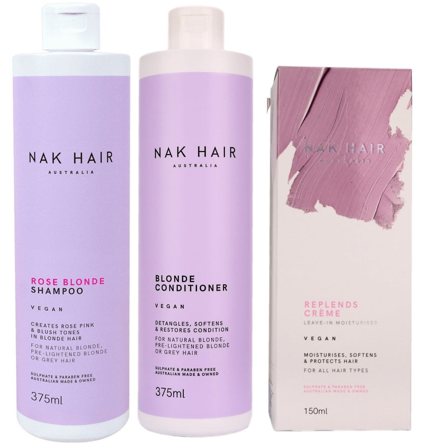 Nak Hair Rose Blonde Shampoo and Blonde Conditioner 375ml creates rose pink & blush tones in blonde hair. Suitable for Natural, Pre-lightened blonde or grey hair.