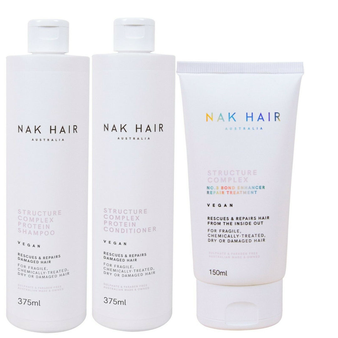 Nak Hair Structure Complex Trio has the 375ml Shampoo and Conditioner to use as a strengthening protein cleanser and conditioner, designed to rescue and repair damaged and fragile hair.