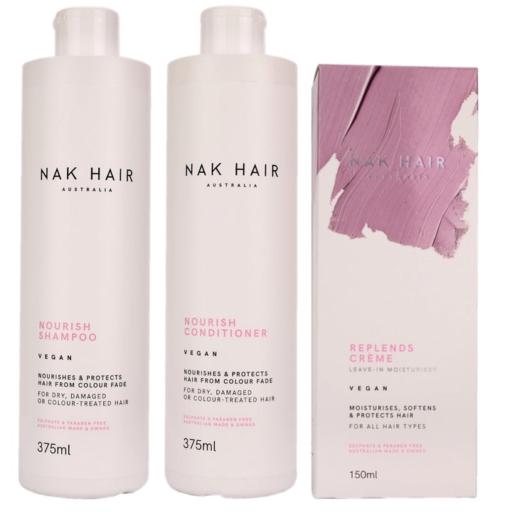 Nak Hair Nourish Trio collection includes Nak Nourish Shampoo, Conditioner and Nak Replends Creme.