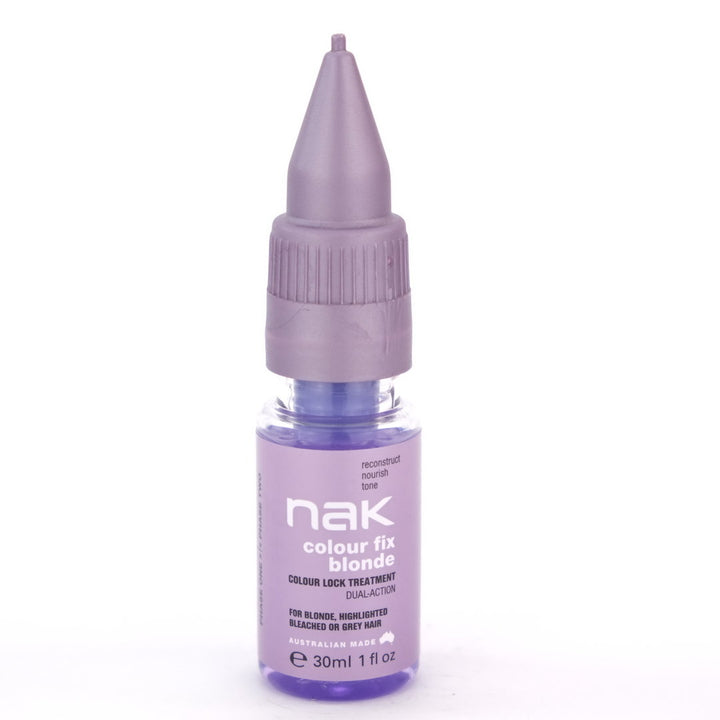 Nak Colour Fix Blonde Colour Lock Treatment is a 30 second, two-phase reconstructive treatment designed to rebuild the hair whilst eliminating unwanted yellow and brassy tones.