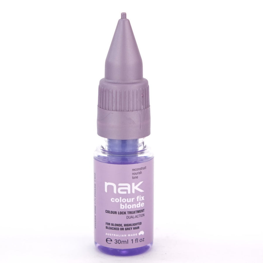 Nak Colour Fix Blonde Colour Lock Treatment is a 30 second, two-phase reconstructive treatment designed to rebuild the hair whilst eliminating unwanted yellow and brassy tones.