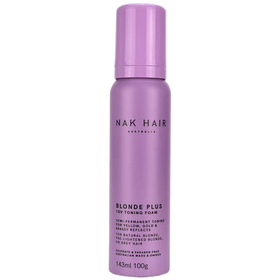 Nak Hair Blonde Plus 10V Toning Foam is a semi-permanent blonde toner to manage unwanted yellow, gold or brassy reflects.