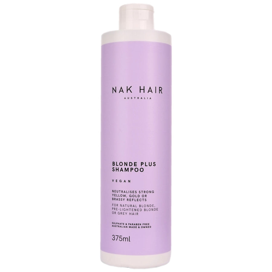 Nak Hair Blonde Plus Shampoo is a cleanser and to neutralizer for strong yellow, gold or brassy reflects for natural blonde, pre-lightened blonde or grey hair.