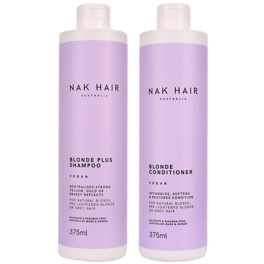 Nak Hair Blonde Plus Shampoo and Nak Hair Blonde Conditioner are the perfect Duo to fight strong yellow, gold or brassy reflects for natural blonde, pre-lightened blonde or grey hair.