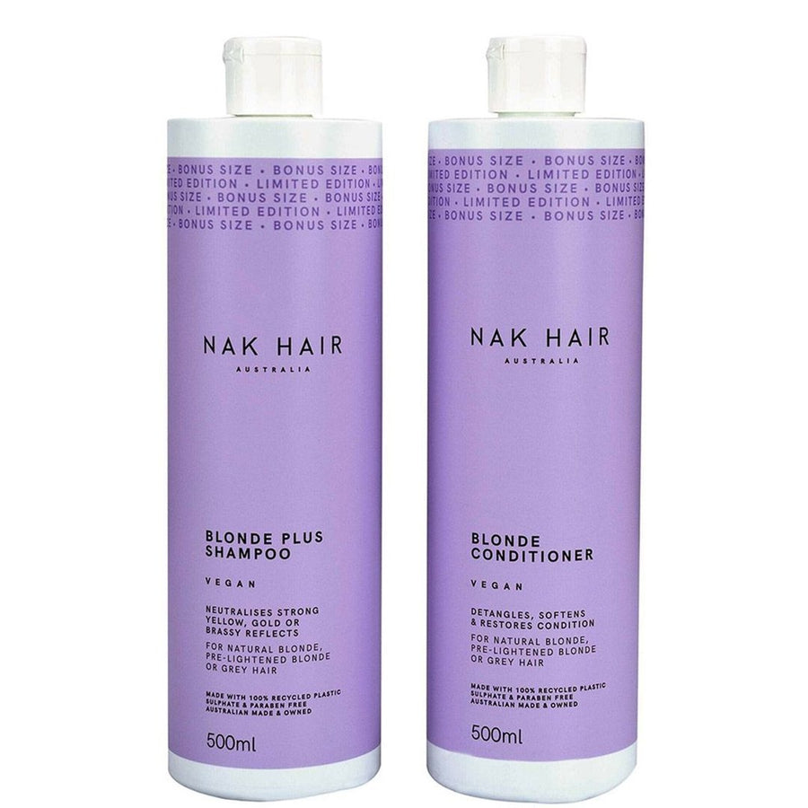 Nak Hair Blonde Plus 500ml Duo is your perfect combo to keep your natural blonde, pre-lightened blonde or grey hair looking fantastic.