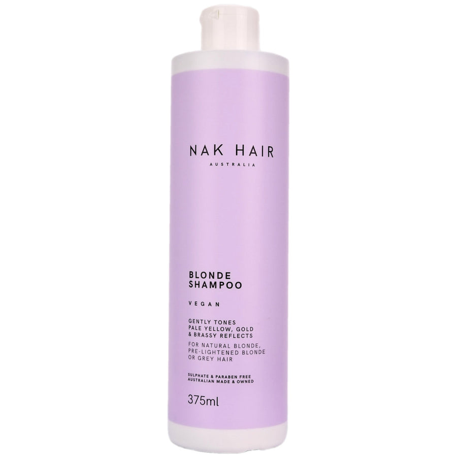 Nak Hair Blonde Shampoo is a cleanser to gently tone pale yellow, gold or brassy reflects for natural blonde, pre-lightened blonde or grey hair.