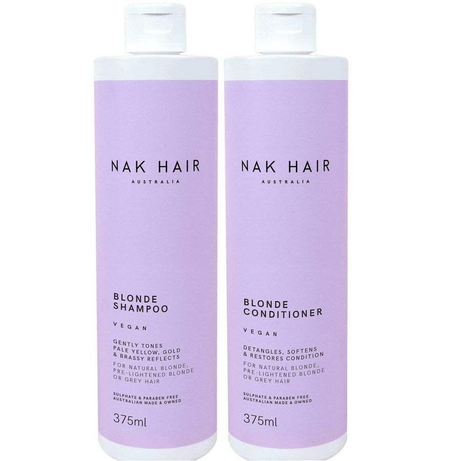 Nak Hair Blonde Shampoo and Conditioner 375ml Duo are the perfect combo to gently tone pale yellow, gold or brassy reflects for natural blonde, pre-lightened blonde or grey hair.
