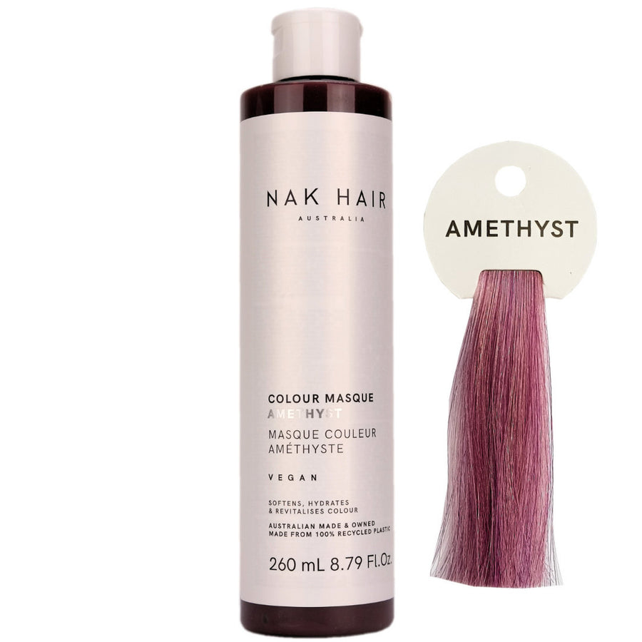 Nak Hair Colour Masque Amethyst has Bright Lavender, with a hint of Berry for creating vivid pops of colour and amethyst berry tones in colour treated hair.
