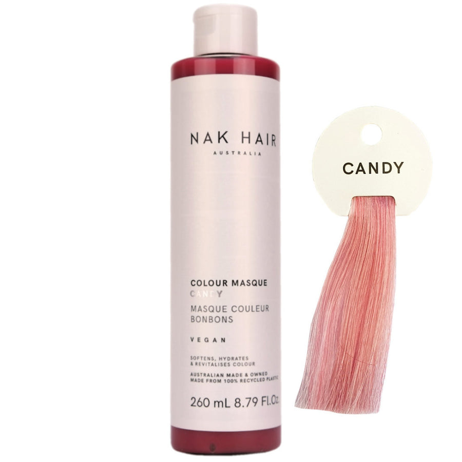Nak Hair Colour Masque Candy has Silver Pink, with a hint of Lilac for creating vivid pops of colour and silvery pink lilac tones in colour treated hair.