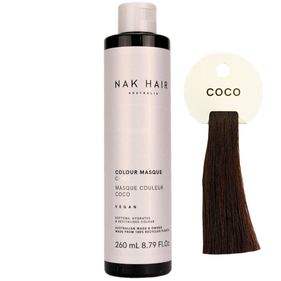 Nak Hair Colour Masque CoCo has Chocolate Brown, with a hint of Toffee for creating warm chocolate brown and toffee tones in natural and colour treated dark blonde or brown hair.
