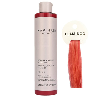 Nak Hair Colour Masque Flamingo has a Rose of Pink with a hint of Peach for creating vivid pops of colour and rose pink, orange tones in colour treated hair.