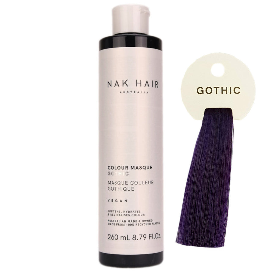 Nak Hair Colour Masque Gothic has Cosmic Purple, with a hint of Blue for creating vivid pops of colour and ultra-bright cosmic purple tones in colour treated hair.