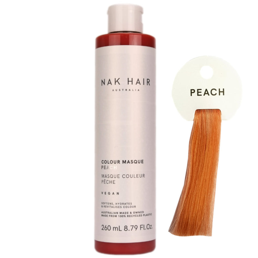 Nak Hair Colour Masque Peach has Coral Pink, with a hint of Gold for creating vivid pops of colour and pink-orange coral tones in colour treated and natural hair.