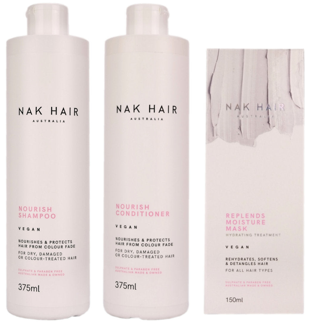 Nak Hair Nourish Shampoo Conditioner and Replends Mask Trio is the ultimate combo to nourish and hydrate your dry, damaged or colour treated hair.