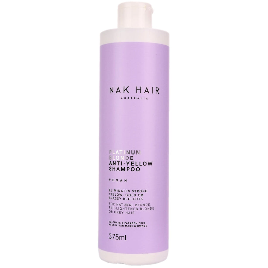 Nak Hair Platinum Blonde Anti-Yellow Shampoo is a cleanser to eliminate strong yellow, gold or brassy reflects from Natural Blonde, pre-lightened blonde or grey hair.
