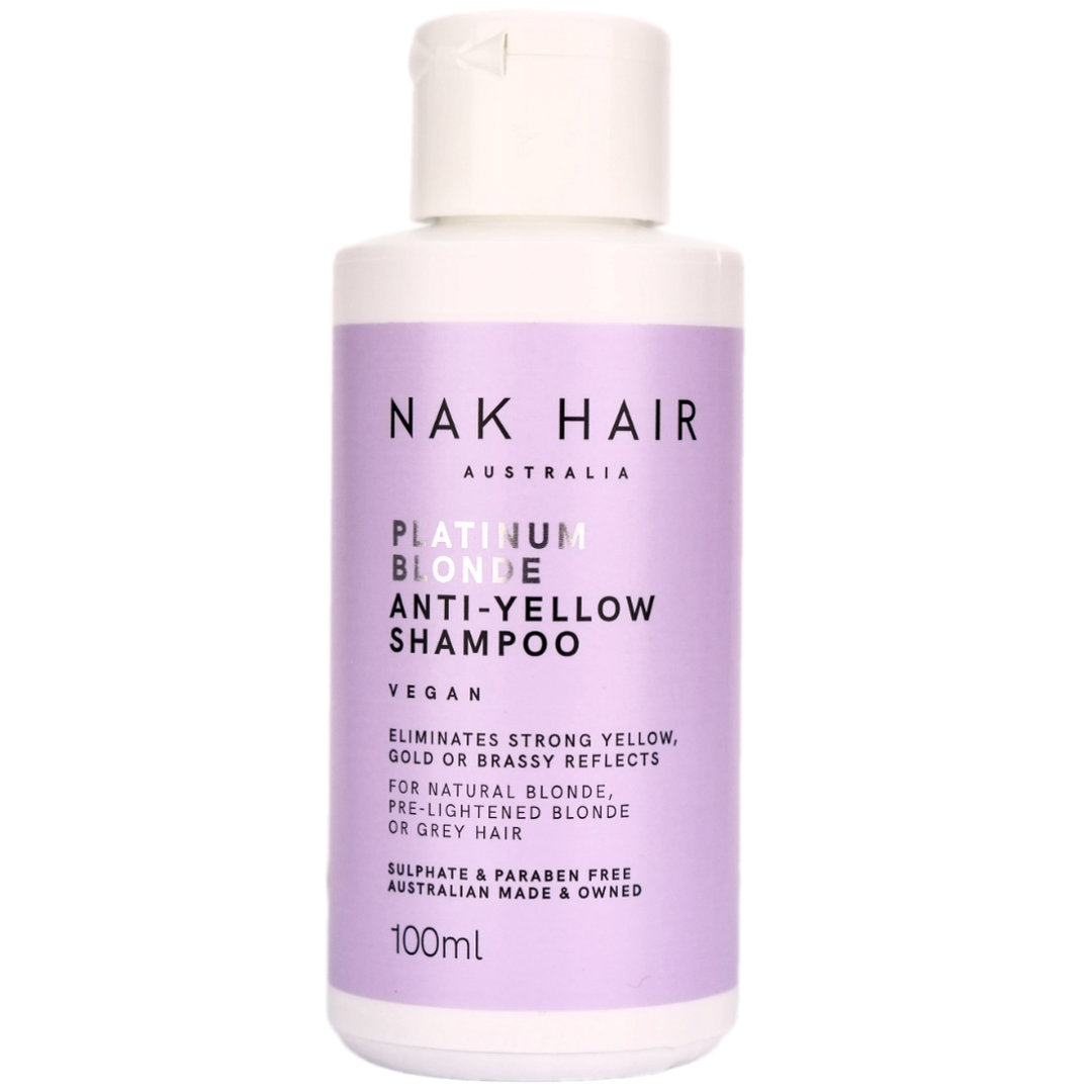 Nak Hair Platinum Blonde Anti-Yellow Shampoo 100ml is a cleanser to eliminate strong yellow, gold or brassy reflects from Natural Blonde, pre-lightened blonde or grey hair.