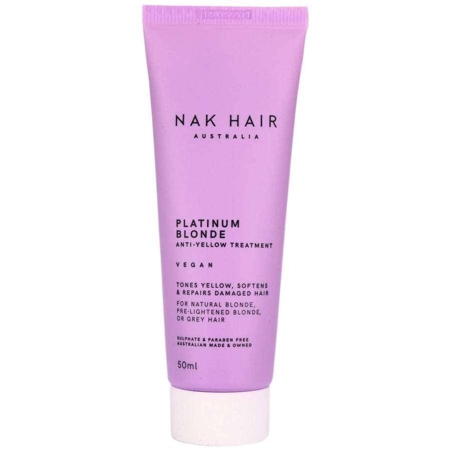 Nak Hair Platinum Blonde Anti-Yellow Treatment 50ml helps to tone yellow, detangle, soften and repair hair in 60 seconds.