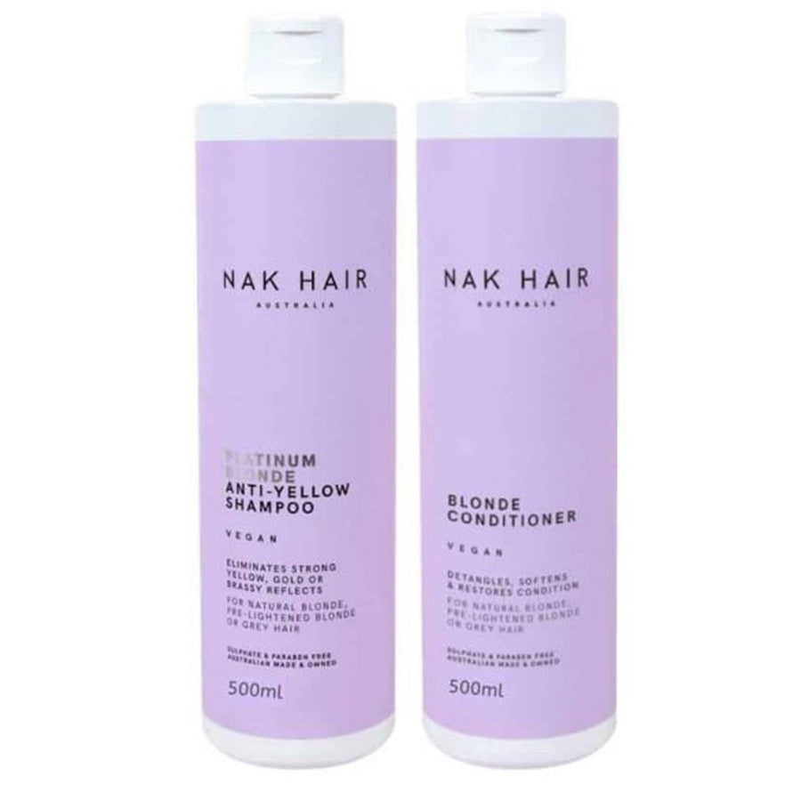 This Limited Edition Nak Hair Platinum Shampoo and Blonde conditoner in a 500ml Duo is a perfect combo to eliminate strong yellow, gold, brassy reflects from natural blonde, pre-lightened blonde or grey hair.