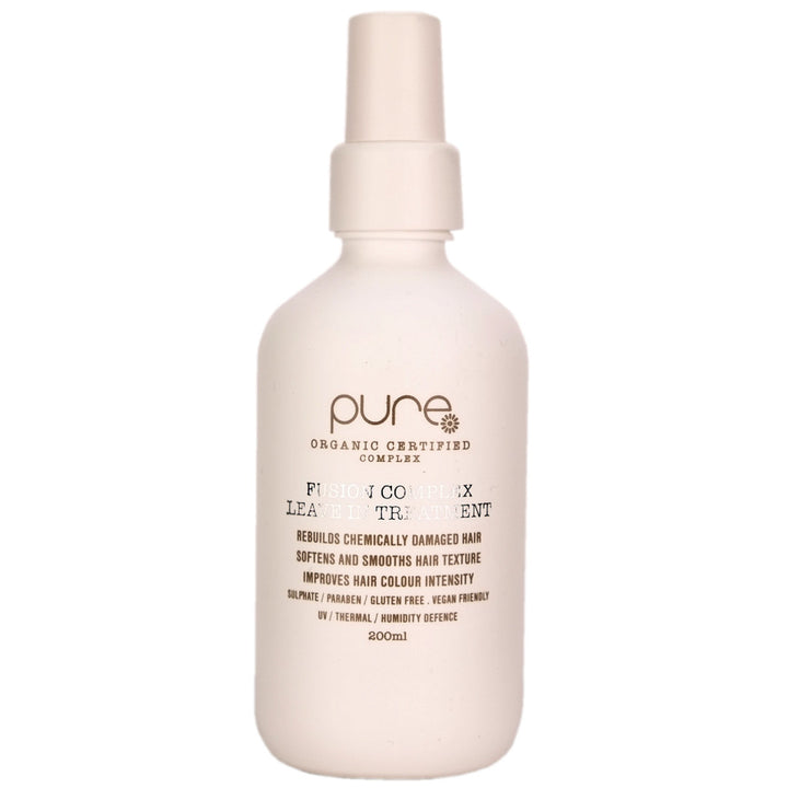 Pure Fusion Complex Leave In Treatment helps to repair and strengthen damaged hair from salon chemical processes.