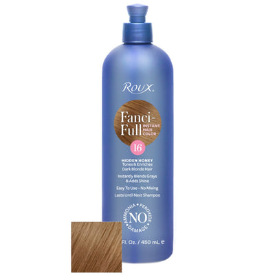 Roux Fanci-full Hidden Honey instant colour rinse is a risk-free way to gently blend grey away and ad shine. Roux Fanci-Full Hidden Honey helps to tone and enrich dark blonde hair.