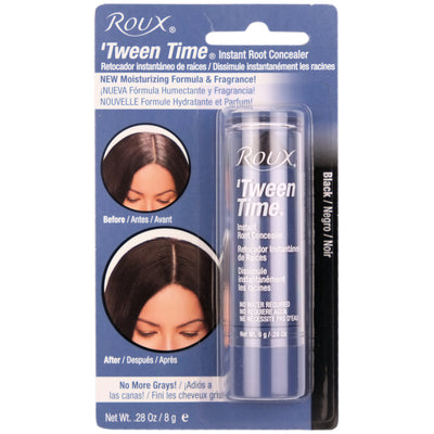 Roux Tween Time BLACK Hair Colour Touch-up Stick instantly touches up hair roots between regular hair colour applications and blends away the grey.