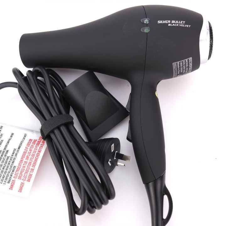 Silver Bullet Black Velvet Hairdryer Professional Hair Dryer offers faster styling and is perfectly balanced for comfort and ease of use. The Silver Bullet Black Velvet Professional Hair Dryer is the powerful solution with a black matte exterior and minimalist design make for chic aesthetics. 