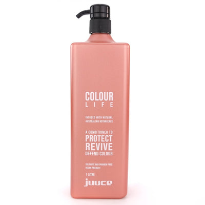 Juuce Colour Life Conditioner in larger 1 Litre bottle, conditions, detangles, protects, defends and helps extend colour life, after a salon visit.