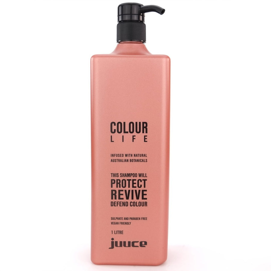 Juuce Colour Life Shampoo in a lager 1 Litre bottle, gently cleanses the hair to protect against colour fade and extend colour life.