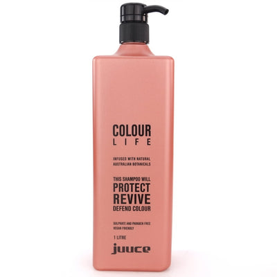 Juuce Colour Life Shampoo in a lager 1 Litre bottle, gently cleanses the hair to protect against colour fade and extend colour life.