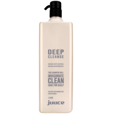 Juuce Deep Cleanse Shampoo in a larger 1 Litre bottle helps removes product or chlorine build up and controls an oily scalp.