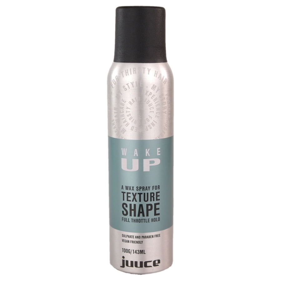 Juuce Wake Up ia a wearable wax spray adds body, texture and shape with a matt finish. Spray into undone hair hair for a choppy, dimensional, edgy lived in look.