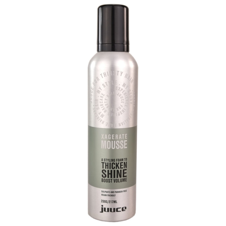 Juuce Xagerate Mousse increases body and bounce for fuller looking hair with thickening control.