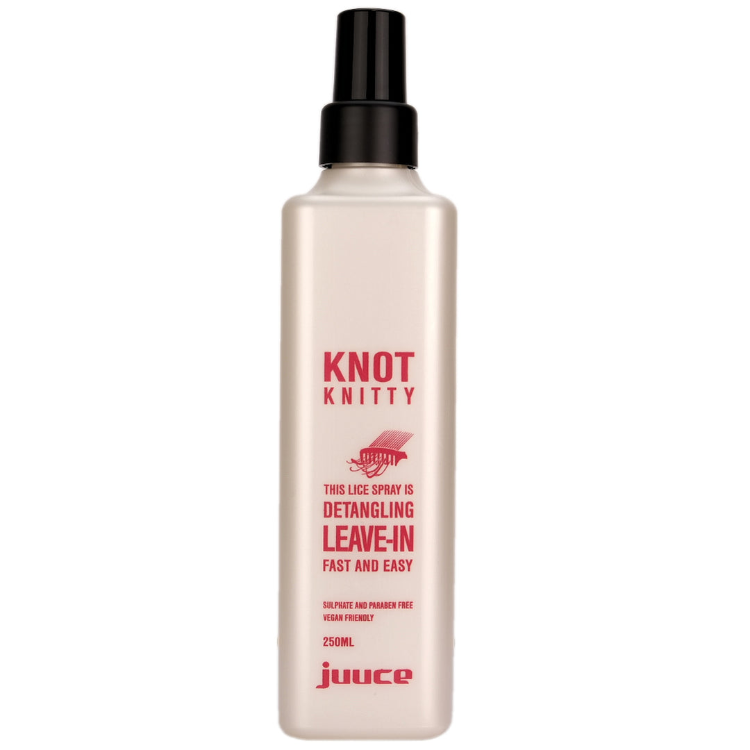 Juuce Knot Knitty Lice Spray as a combined treatment spray that helps detangle the hair, to allow easy combing removal of head lice and eggs. Use in combination with Knot Knitty Lice Gel,