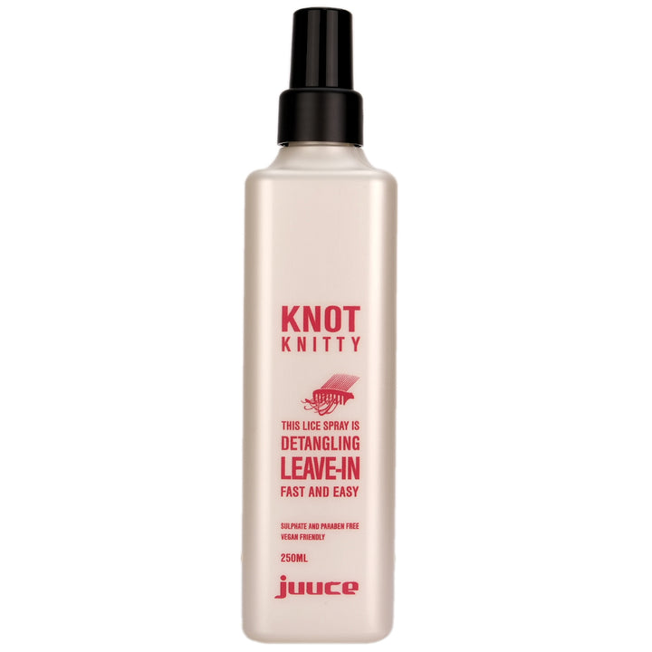 Juuce Knot Knitty Lice Spray as a combined treatment spray that helps detangle the hair, to allow easy combing removal of head lice and eggs. Use in combination with Knot Knitty Lice Gel,