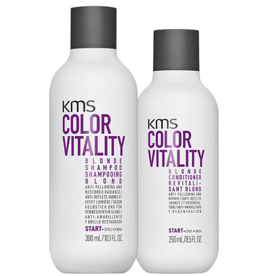 KMS Color Vitality Blonde Duo Pack restores radiance, remove unwated yellow tones, repair damage and enhance Blonde Tones.