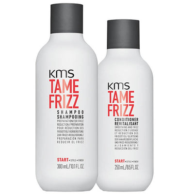KMS Tame Frizz Shampoo and Conditioner provides preparation for frizz reduction, conditions and detangles the hair.